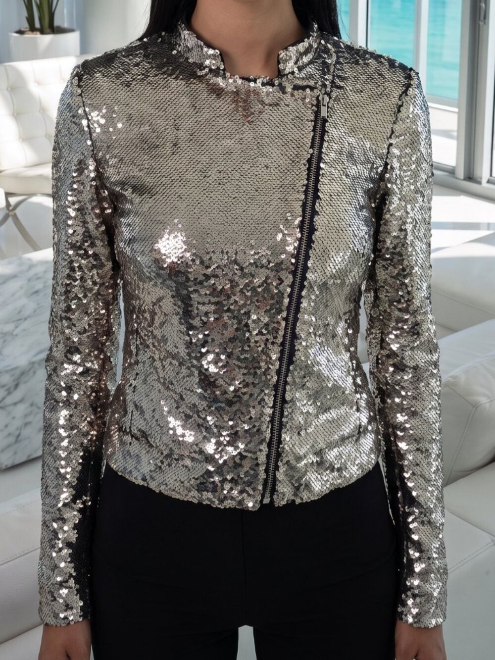 NWT $298 US REVOLVE silver sequin moto jacket by Mint Velvet London US 4